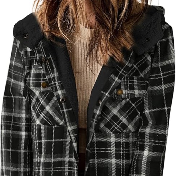 Amazon Dokotoo Womens Plaid Shacket Jacket Long Sleeve Button Down Fleece Hooded - Picture 1 of 9